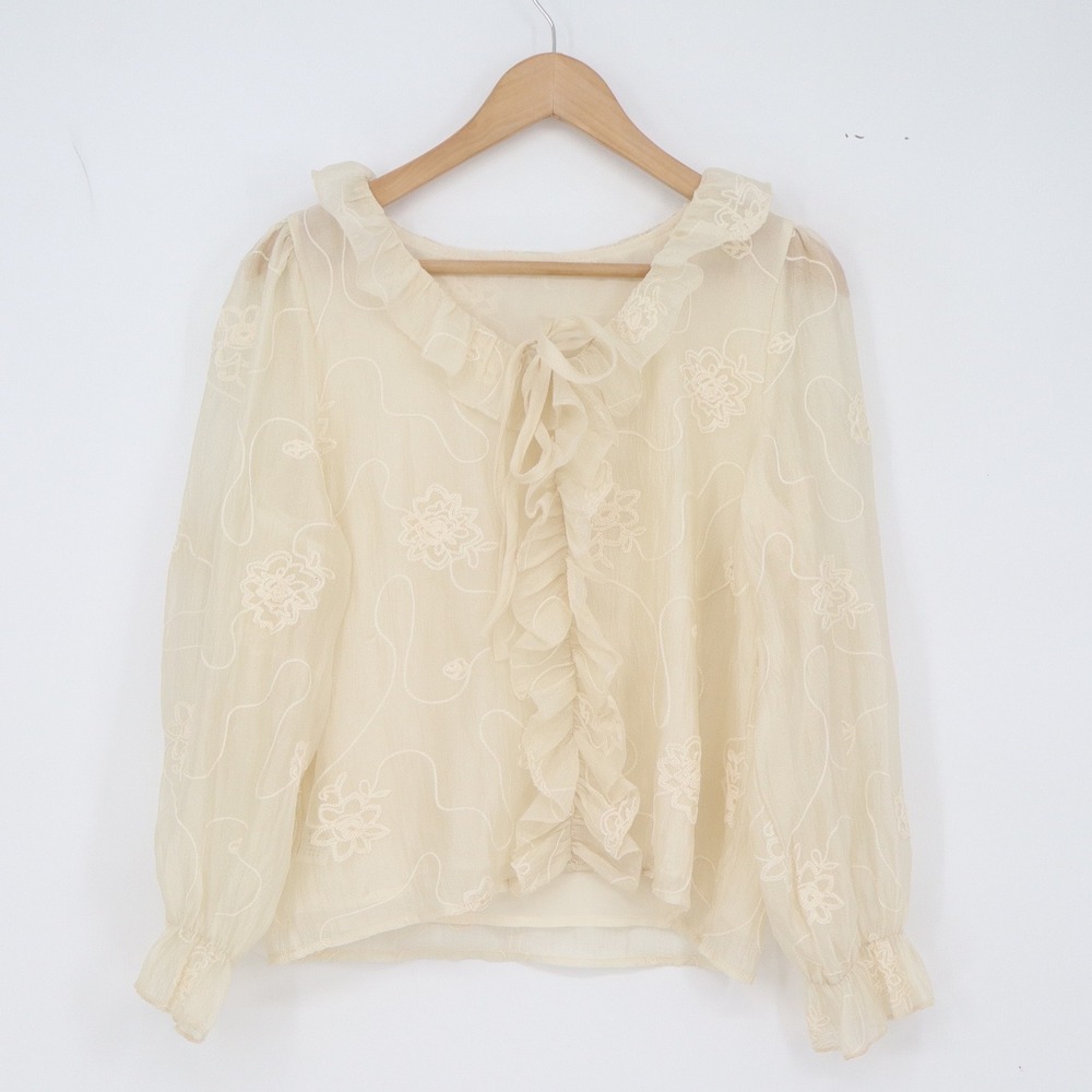 Xin Ke Yuan Blouse Womens L Cream Floral Embroidered Ruffle Tie Sheer Excellent